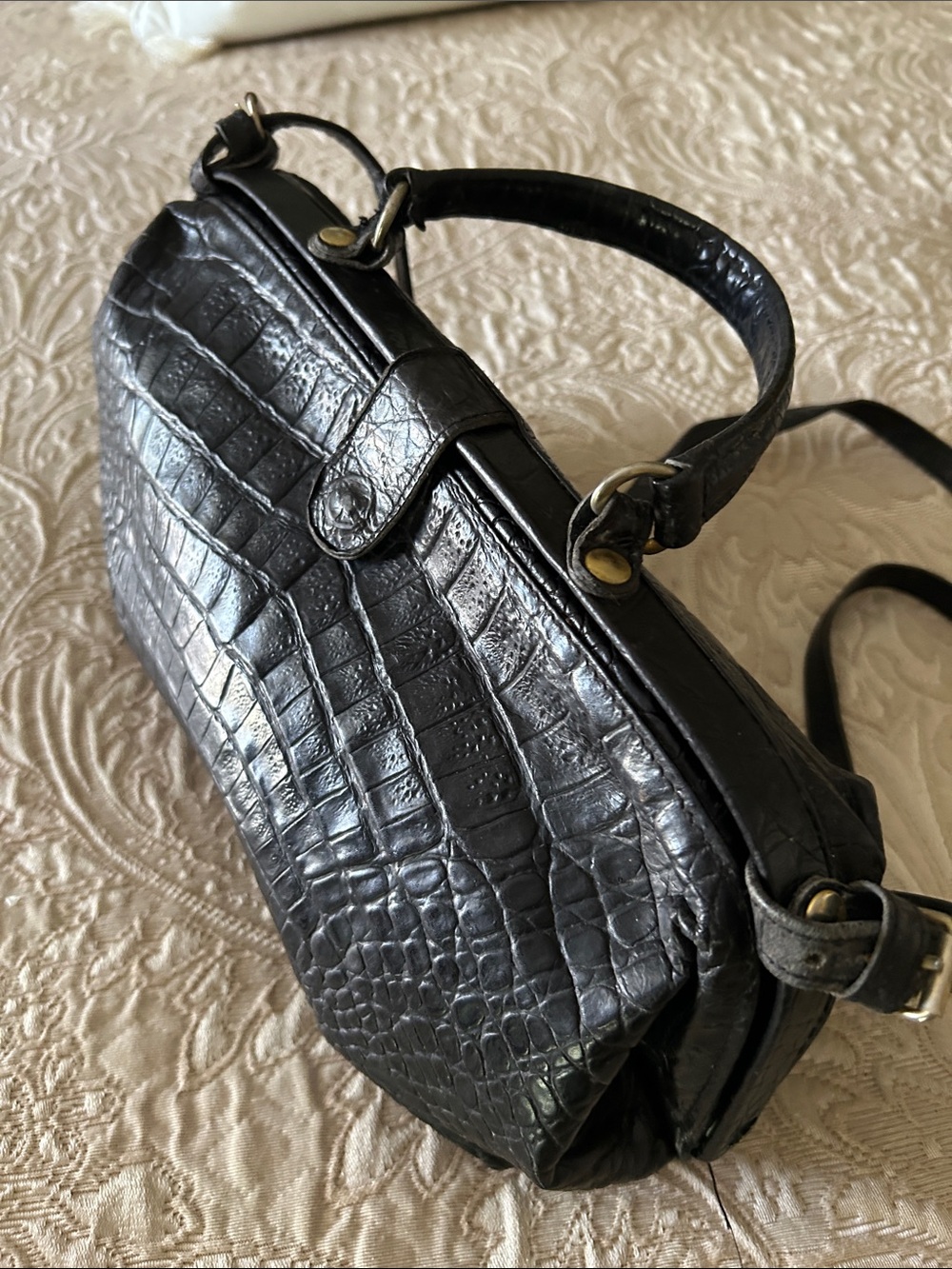 Black Croc-Embossed Shoulder Bag with Top Handle